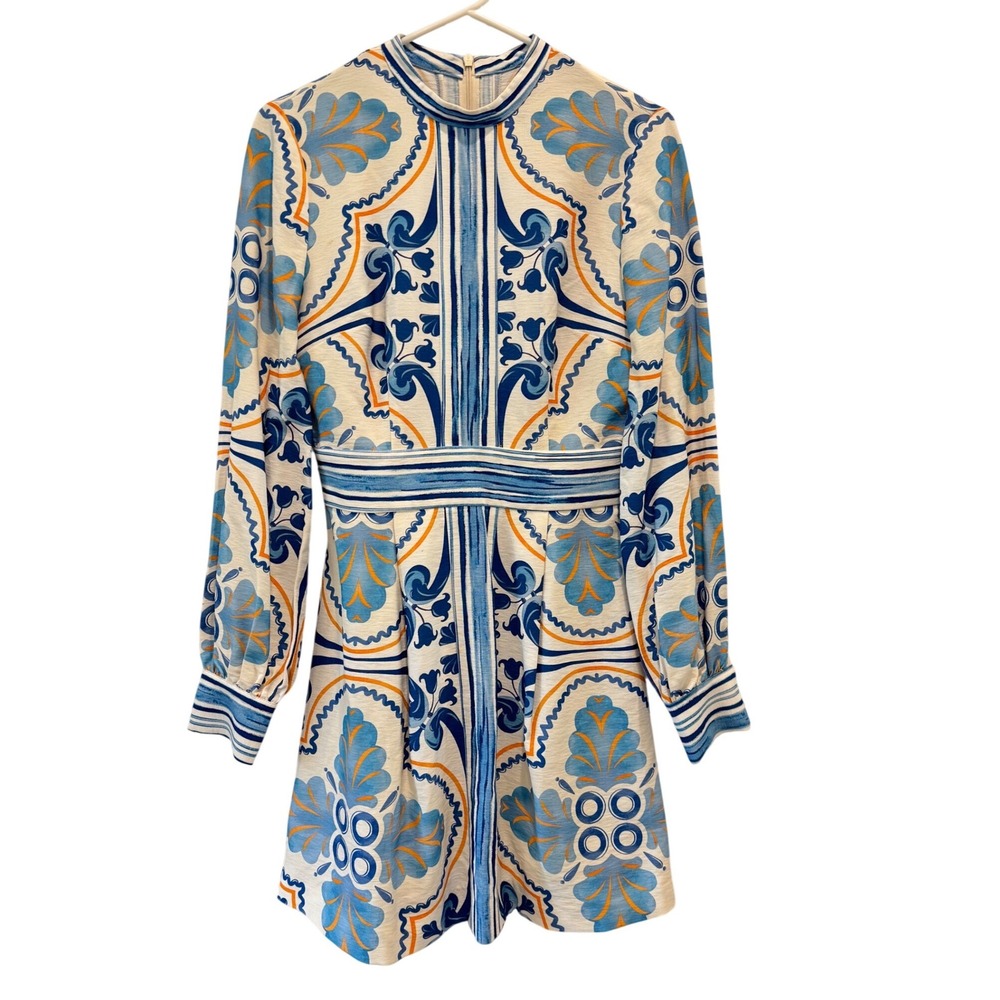 Finders Keepers Euro Mini Dress Sz XS Blue White Orange Tile Print Long Sleeve
